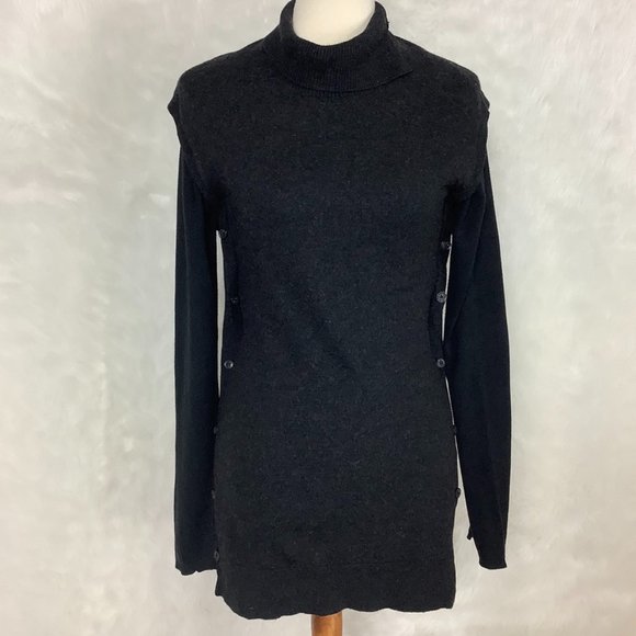 Allsaints Merino Wool Black Asymmetrical Neck Button Sides Alna Sweater Dress M - Picture 1 of 7